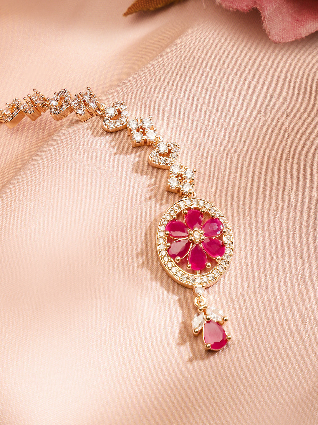 Rubans Women 22K Rose Gold-Plated Ruby Pink & White Cubic Zirconia Studded Handcrafted Maang Tikka Pink