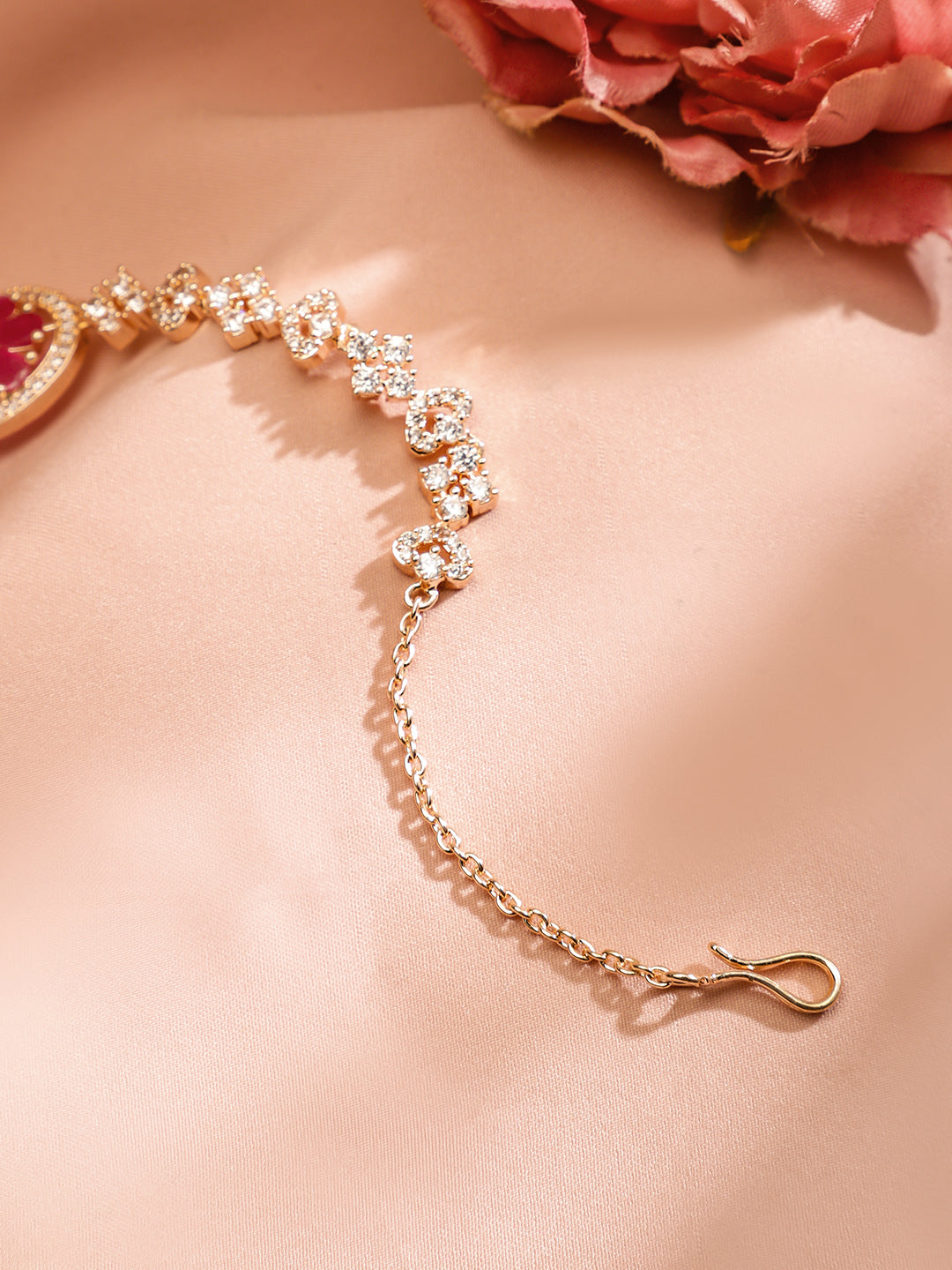 Rubans Women 22K Rose Gold-Plated Ruby Pink & White Cubic Zirconia Studded Handcrafted Maang Tikka Pink