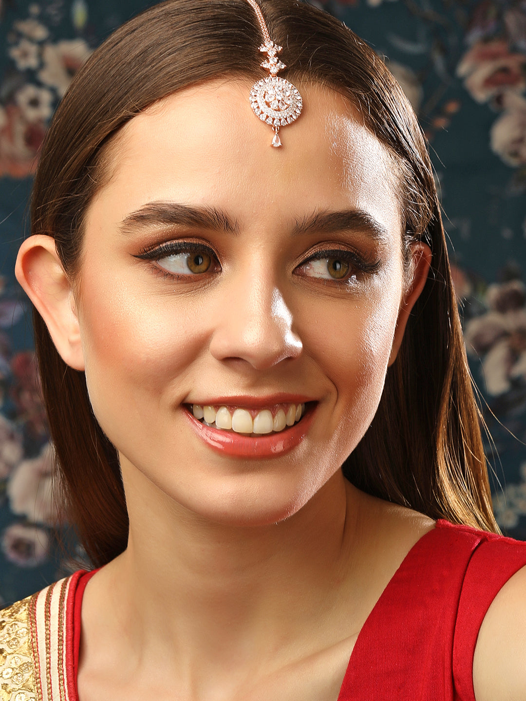 Rubans Rose Gold-Plated White Stoned Round Shapped AD-Studded MaangTikka フリーサイズ