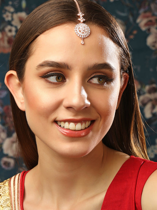 Rubans Rose Gold-Plated White Stoned Round Shapped AD-Studded MaangTikka フリーサイズ