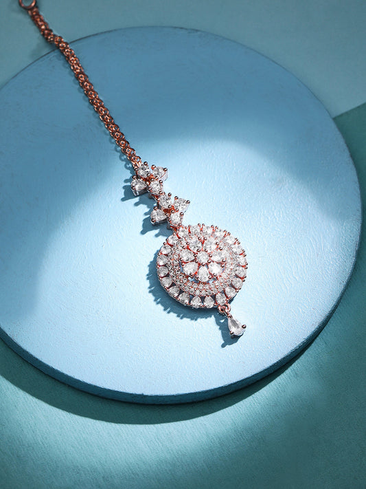 Rubans Rose Gold-Plated White Stoned Round Shapped AD-Studded MaangTikka フリーサイズ