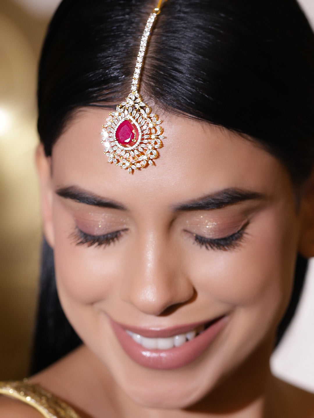 American Diamond Zirconia Ruby Drop Maangtikka フリーサイズ