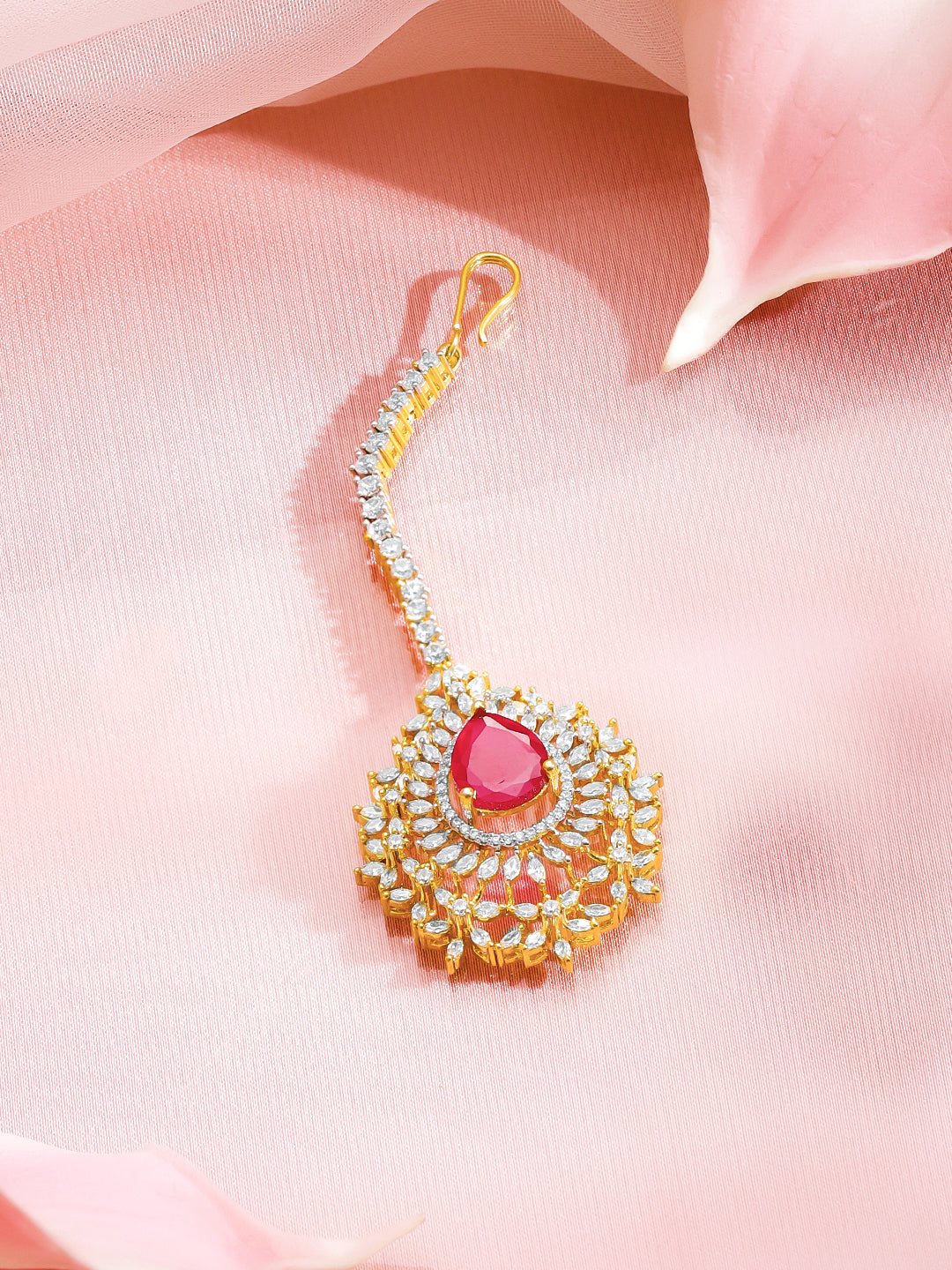 American Diamond Zirconia Ruby Drop Maangtikka フリーサイズ