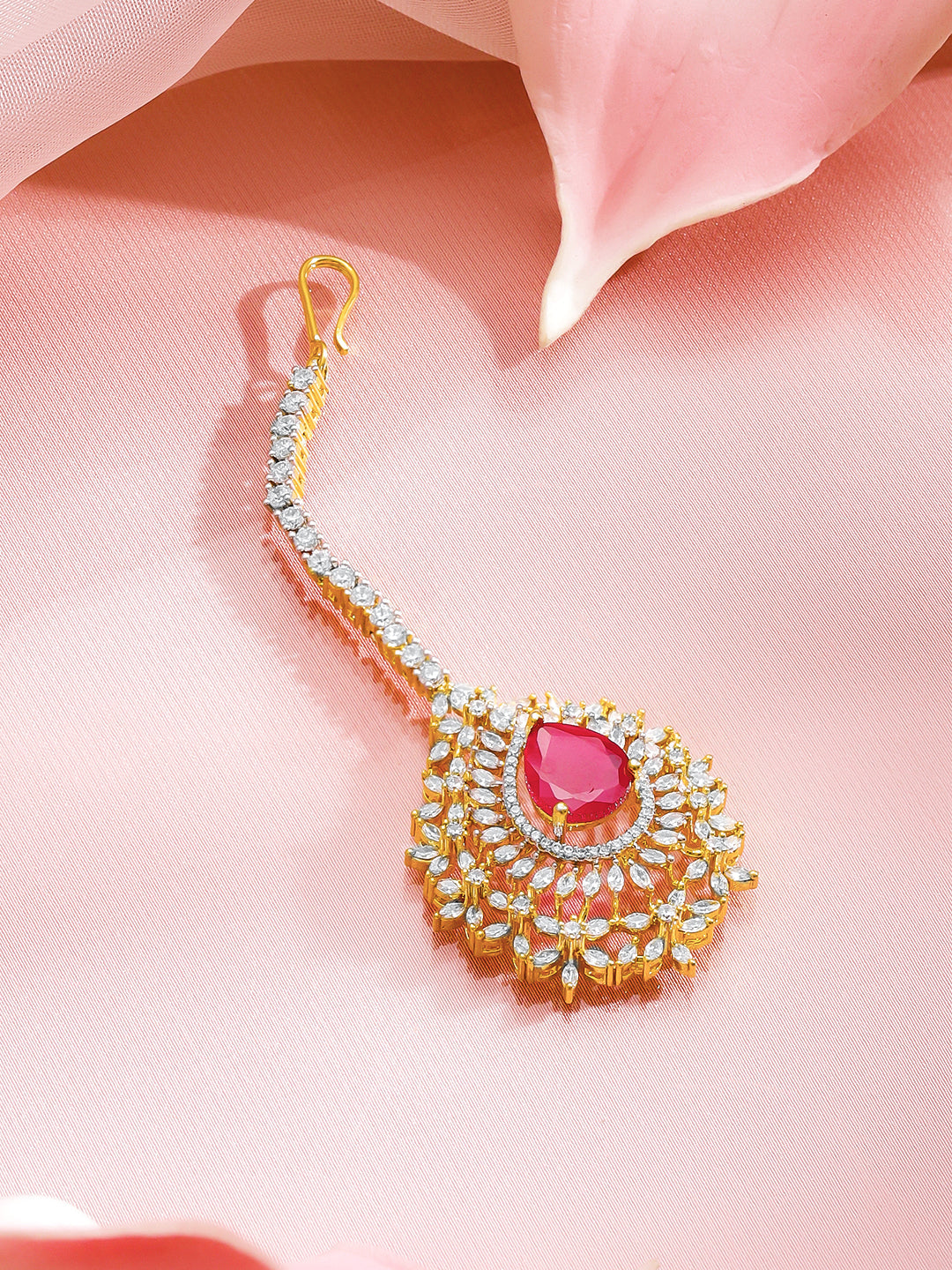 American Diamond Zirconia Ruby Drop Maangtikka フリーサイズ