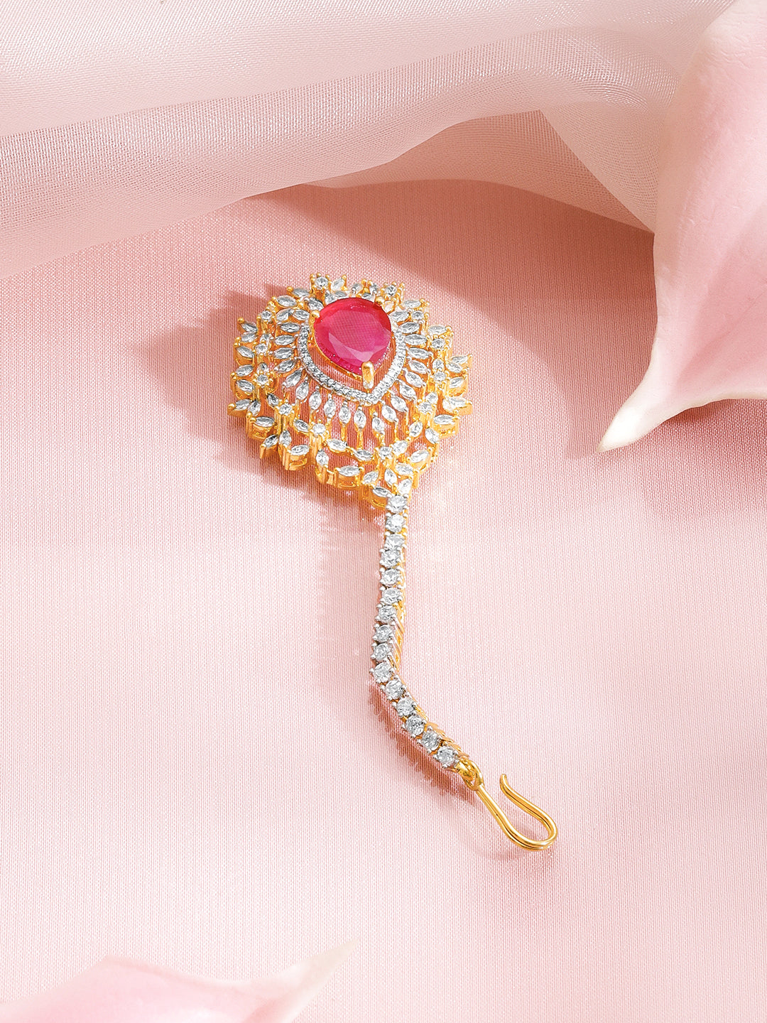 American Diamond Zirconia Ruby Drop Maangtikka フリーサイズ