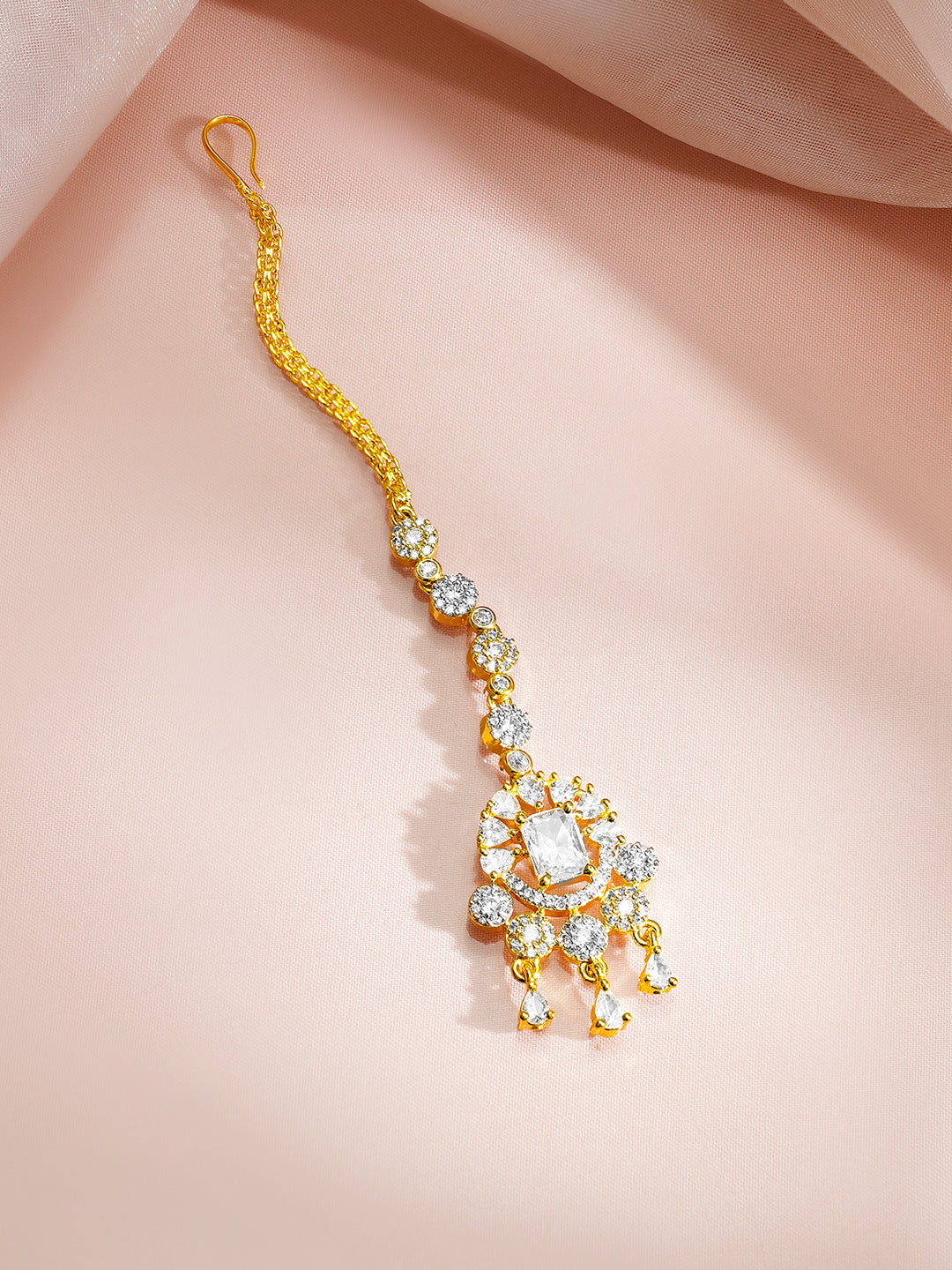 【Rubans】Gold Plated Sparkle Cubic Zirconia Teardrop Maangtikka｜ゴールドメッキ スパークル キュービックジルコニア ティアドロップ マンティッカ