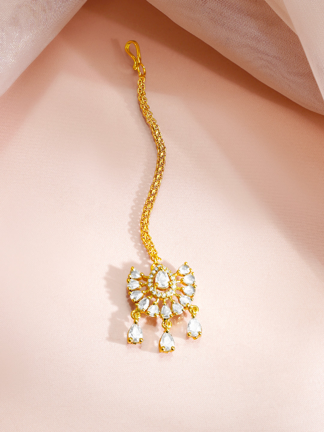 【Rubans】 Gold Plated American Diamond Zirconia Teardrop Maang Tikka｜ゴールドメッキ アメリカンダイヤモンド ジルコニア ティアドロップ マーンティッカ