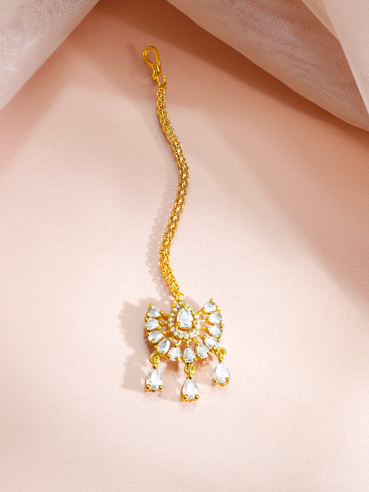 【Rubans】 Gold Plated American Diamond Zirconia Teardrop Maang Tikka｜ゴールドメッキ アメリカンダイヤモンド ジルコニア ティアドロップ マーンティッカ