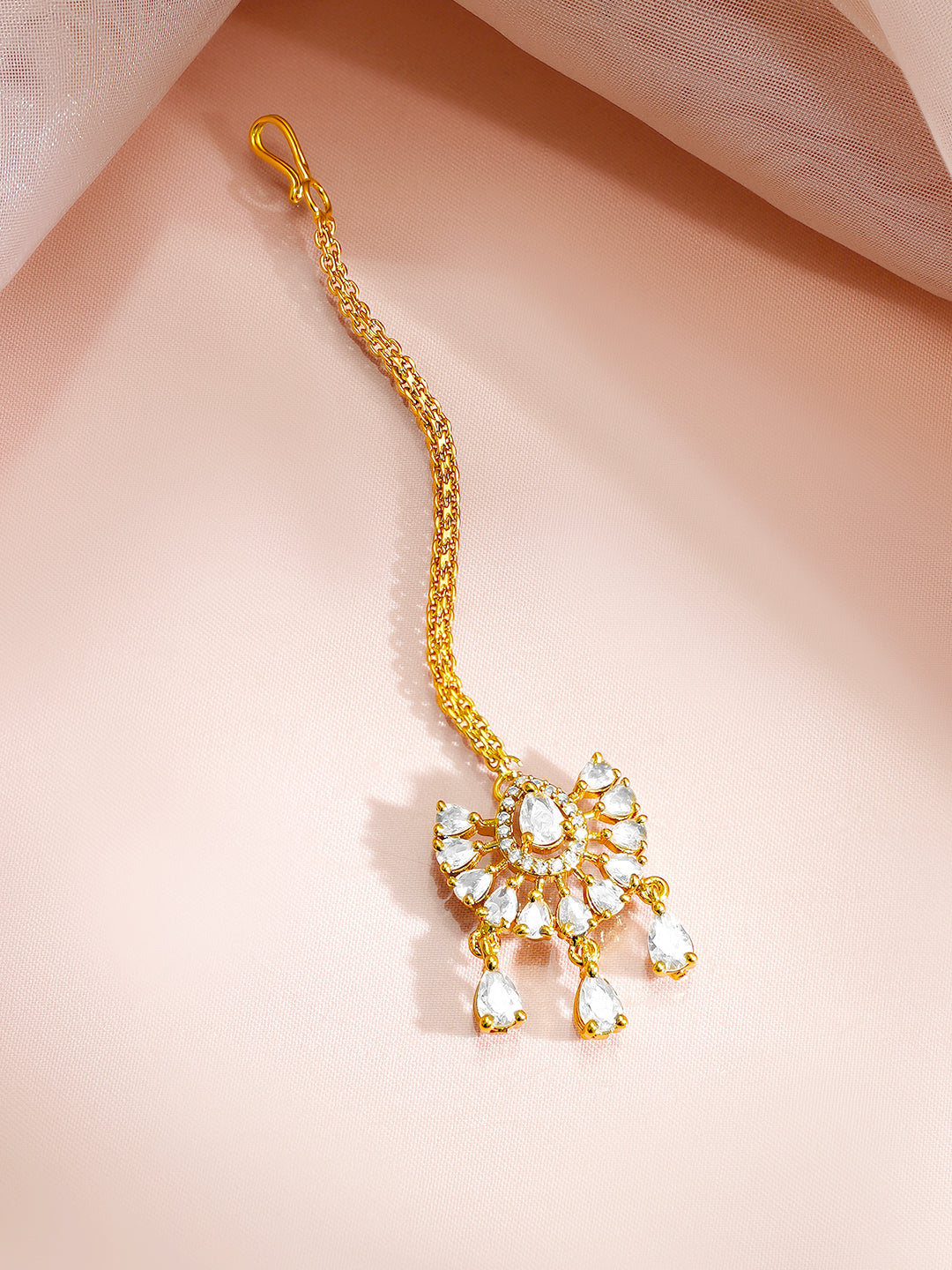 【Rubans】 Gold Plated American Diamond Zirconia Teardrop Maang Tikka｜ゴールドメッキ アメリカンダイヤモンド ジルコニア ティアドロップ マーンティッカ