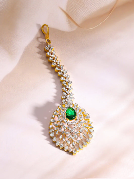 【Rubans】Gold Plated Emerald Plume Cascade Zirconia Maangtikka｜ゴールドメッキ エメラルド プルーム カスケード ジルコニア マンティッカ