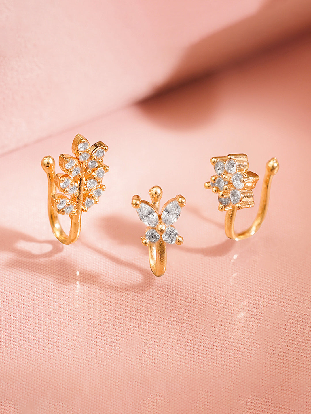 【Rubans】 Set of 3 Gold Plated Floral American Diamond Zirconia Nose Accessories｜ゴールドメッキ フローラル アメリカンダイヤモンド ノーズピン 3点セット