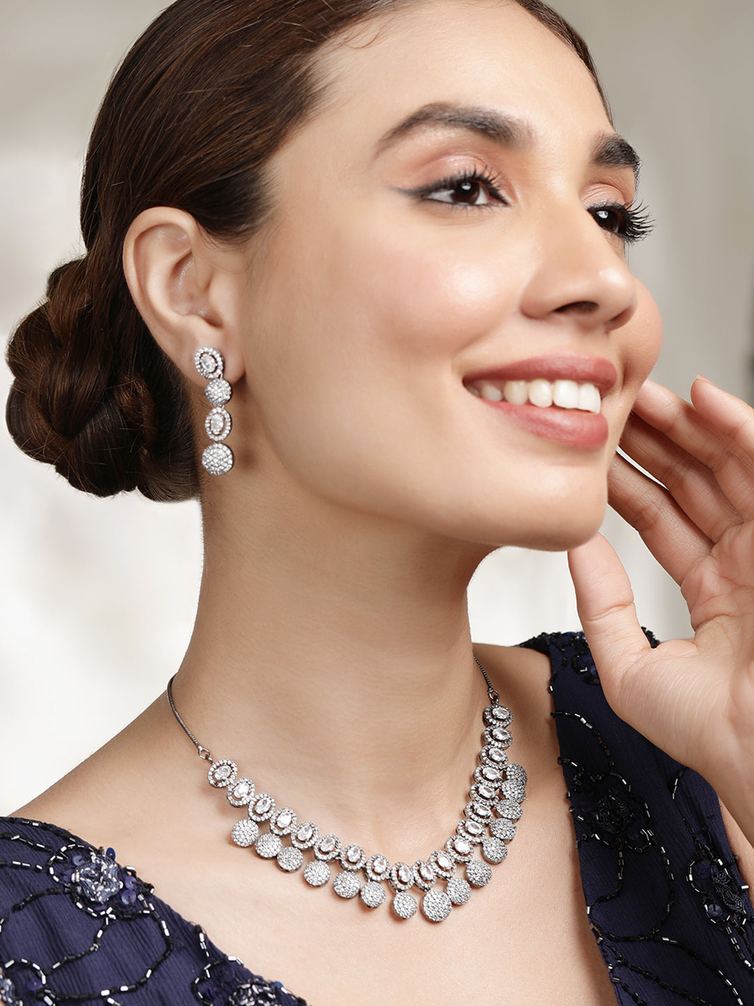 Rubans Silver Plated Hand Crafted Enchanting CZ Studded Necklace Set Silver