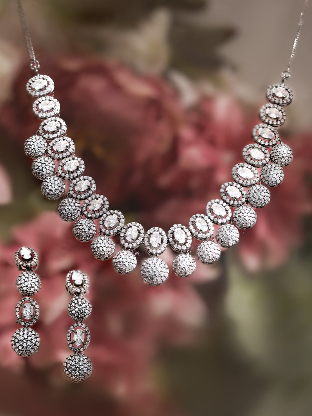 Rubans Silver Plated Hand Crafted Enchanting CZ Studded Necklace Set Silver