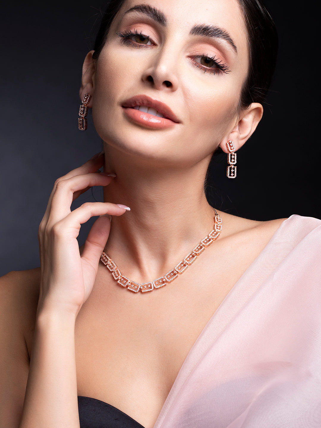 Rubans Rose Gold Plated Necklace Set With Studded American Diamonds Rose Gold