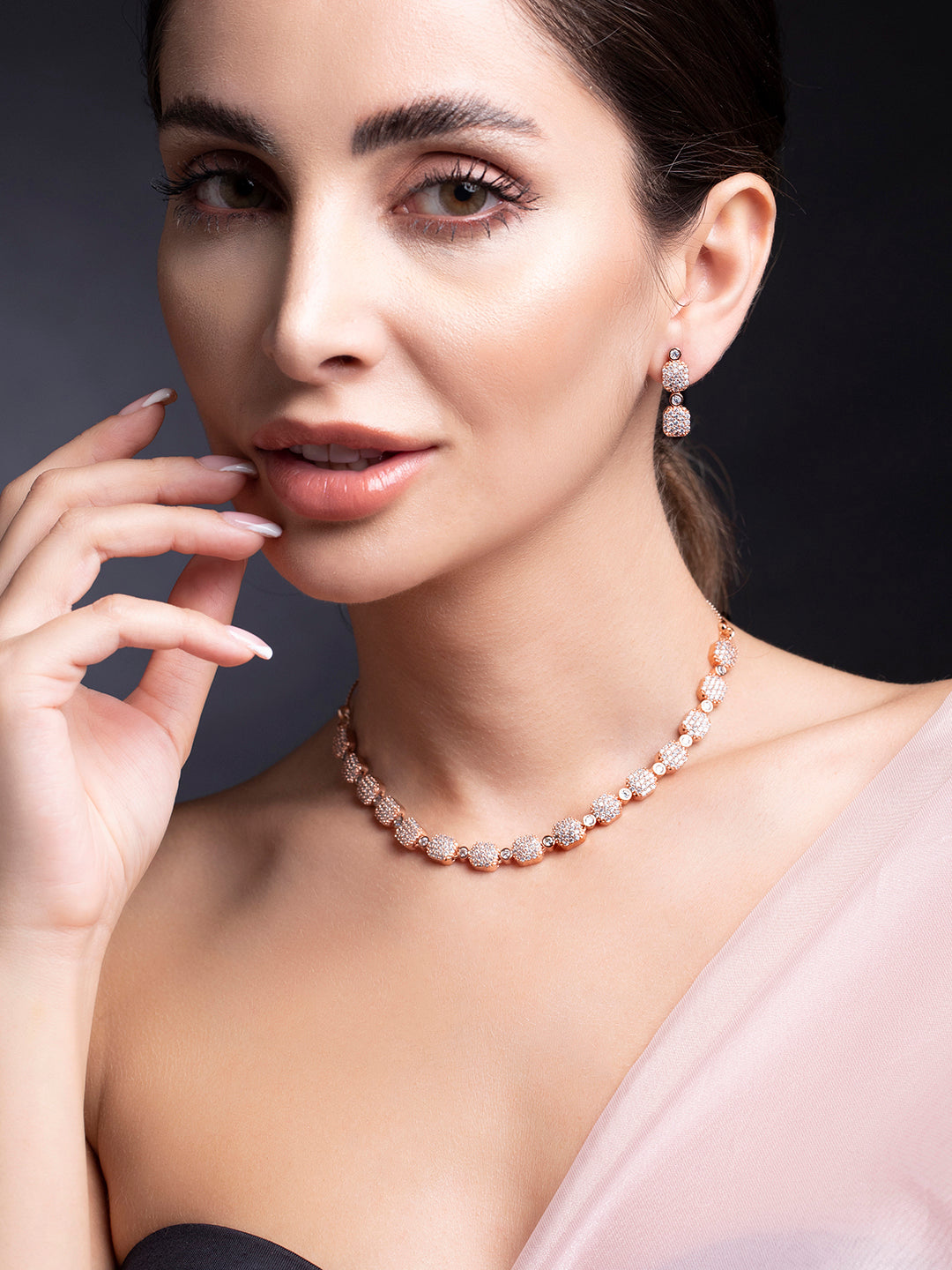 Rubans Rose Gold-Plated White AD-Studded Jewellery Set Rose Gold