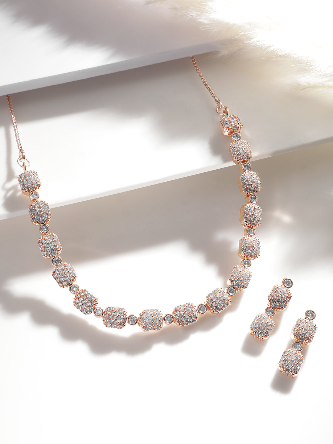 Rubans Rose Gold-Plated White AD-Studded Jewellery Set Rose Gold
