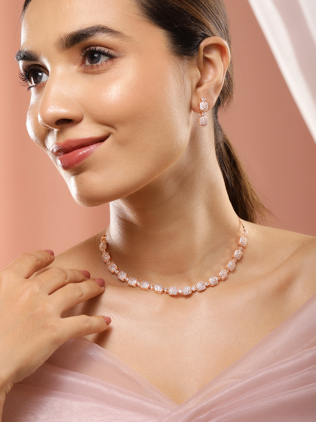 Rubans Rose Gold-Plated White AD-Studded Jewellery Set Rose Gold