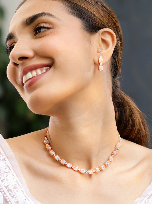 Rubans Rose Gold-Plated White AD-Studded Jewellery Set Rose Gold