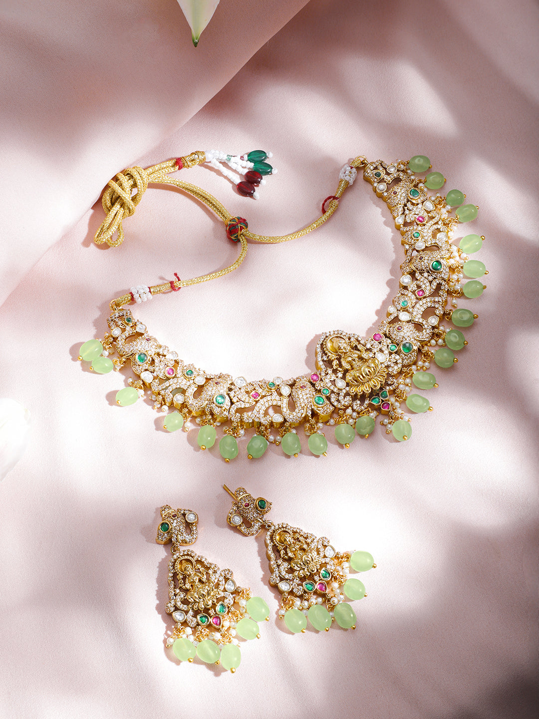 American Diamond Zirconia Green Beaded Temple Necklace Set Green
