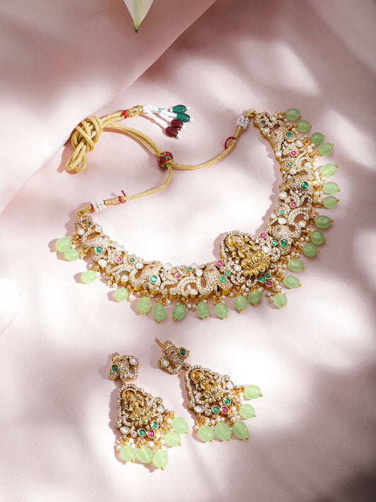 American Diamond Zirconia Green Beaded Temple Necklace Set Green