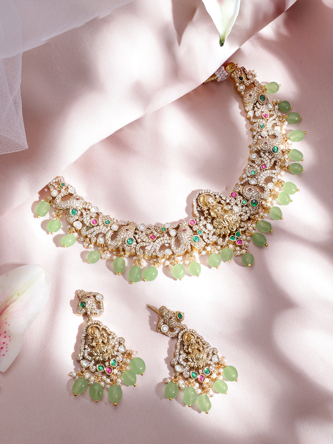 American Diamond Zirconia Green Beaded Temple Necklace Set Green