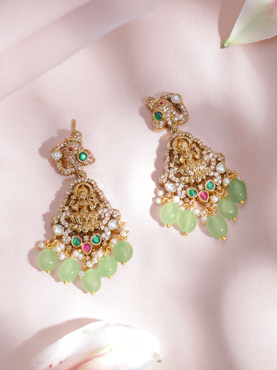 American Diamond Zirconia Green Beaded Temple Necklace Set Green