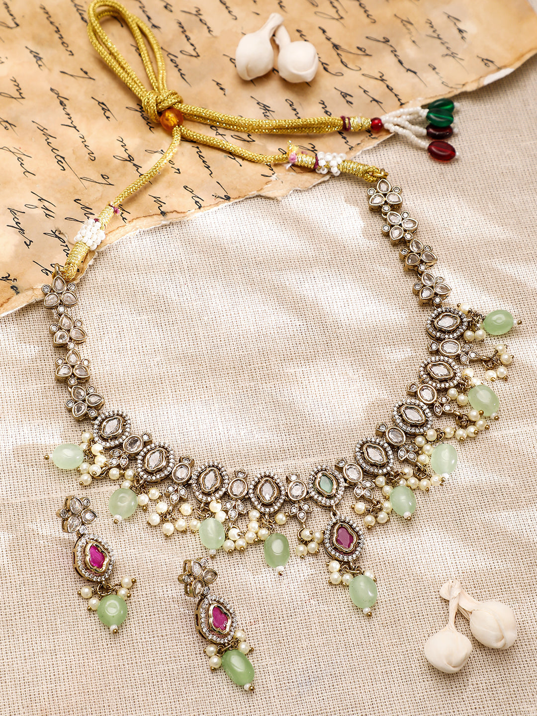 Ruby Studded American Diamond Zirconia Necklace Set フリーサイズ