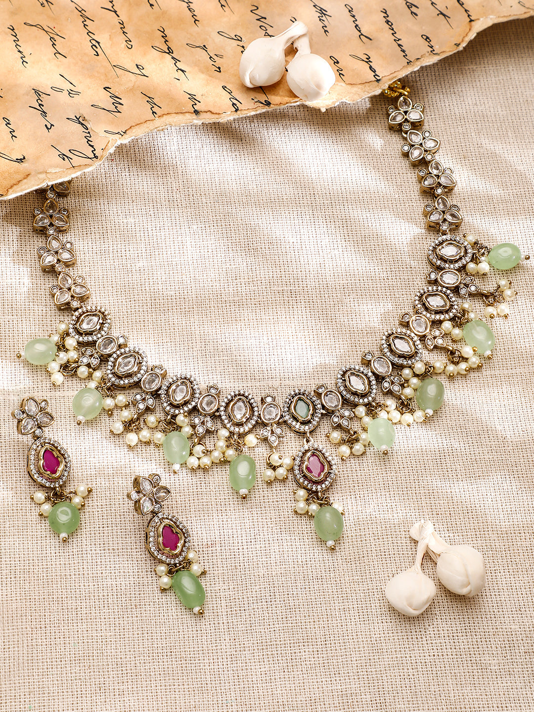 Ruby Studded American Diamond Zirconia Necklace Set フリーサイズ