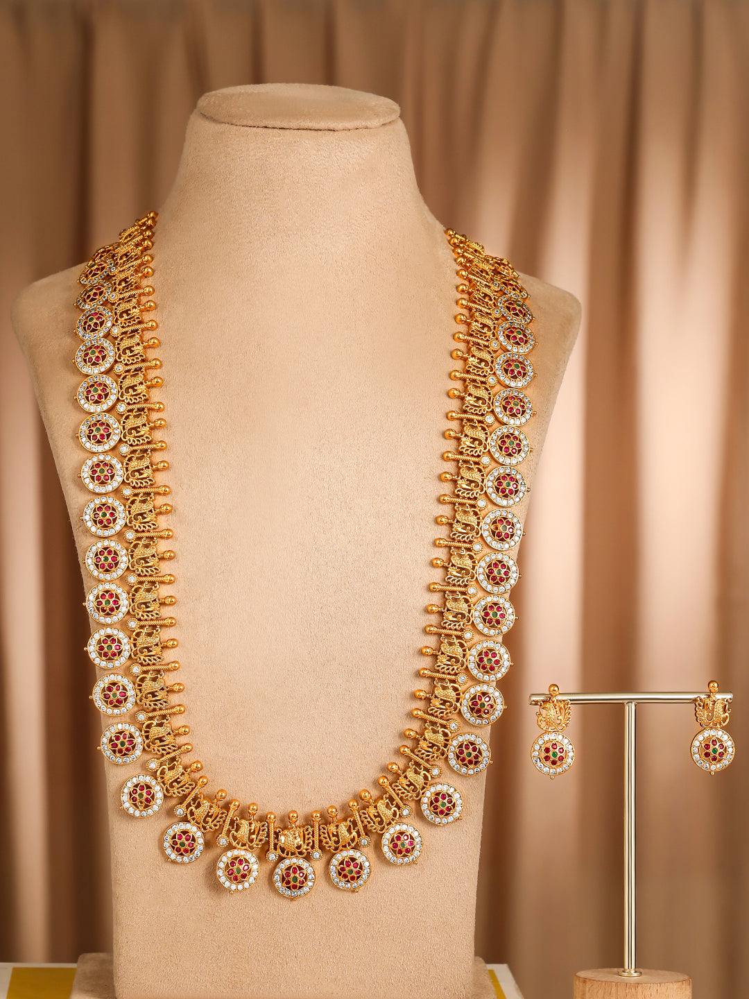 Red Floral Motif Long Necklace Set フリーサイズ