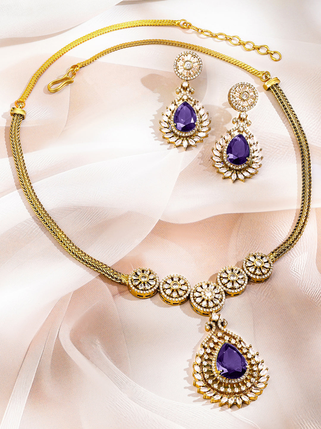 Purple American Diamond Zirconia Gold Necklace Set フリーサイズ