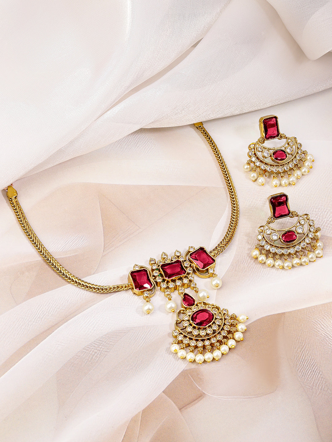 Ruby Studded Pearl Drop Gold Necklace Set Red