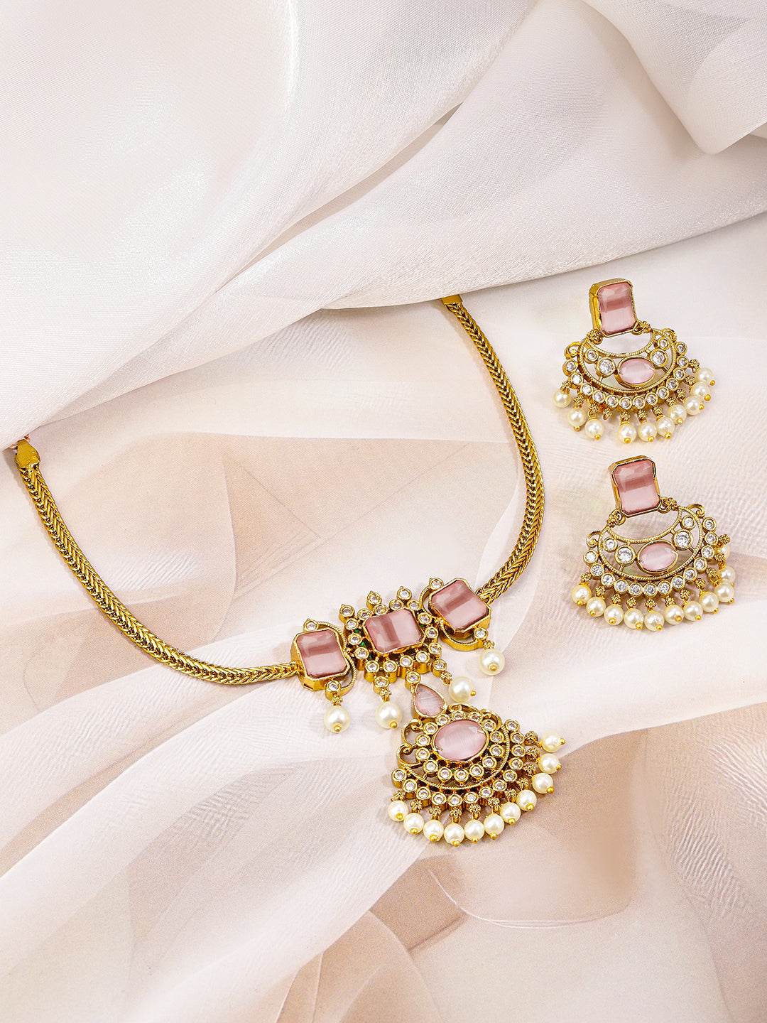 Pink Studded Pearl Drop Necklace Set Pastel Pink