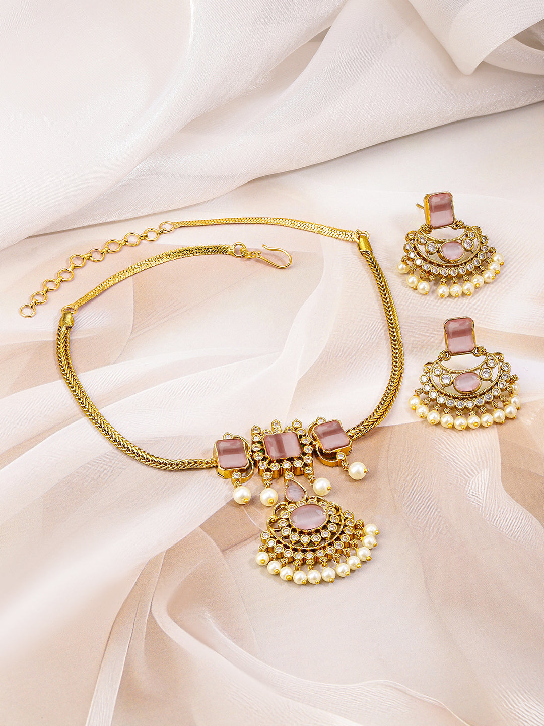 Pink Studded Pearl Drop Necklace Set Pastel Pink
