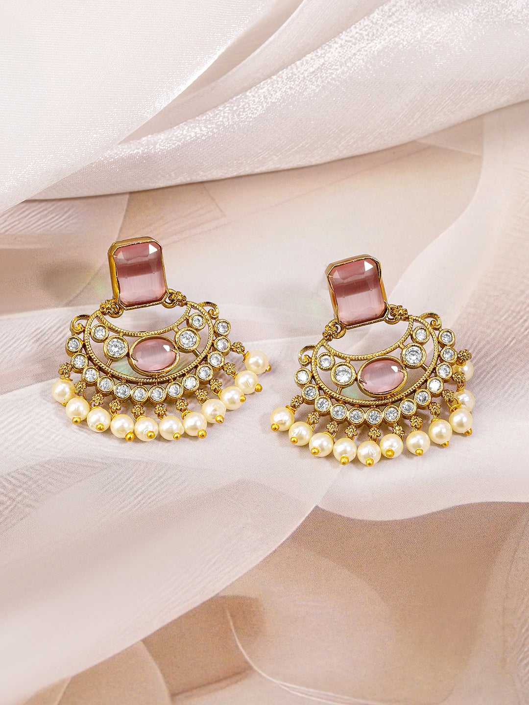 Pink Studded Pearl Drop Necklace Set Pastel Pink
