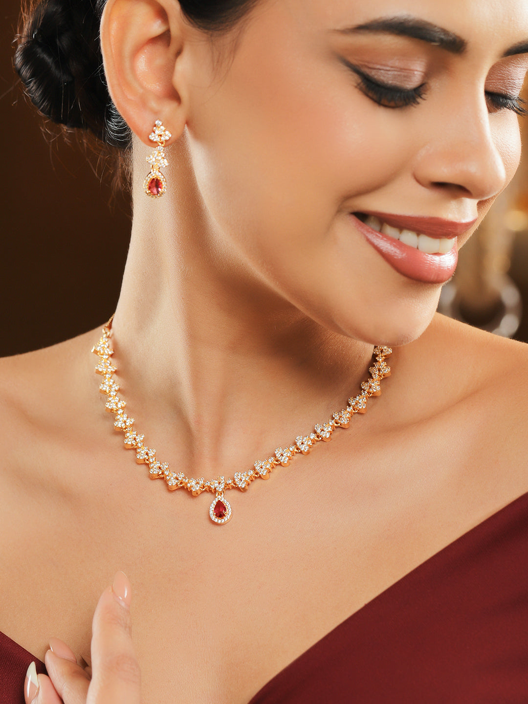 American Diamond Zircon Red Teardrop Necklace Set フリーサイズ