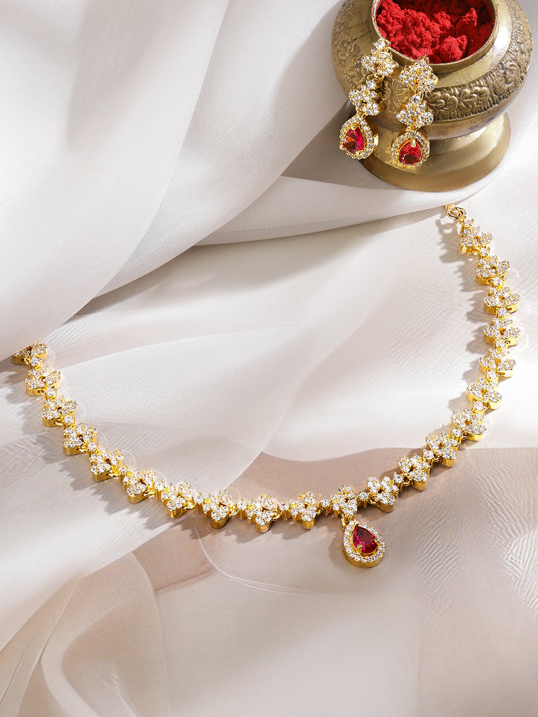 American Diamond Zircon Red Teardrop Necklace Set フリーサイズ