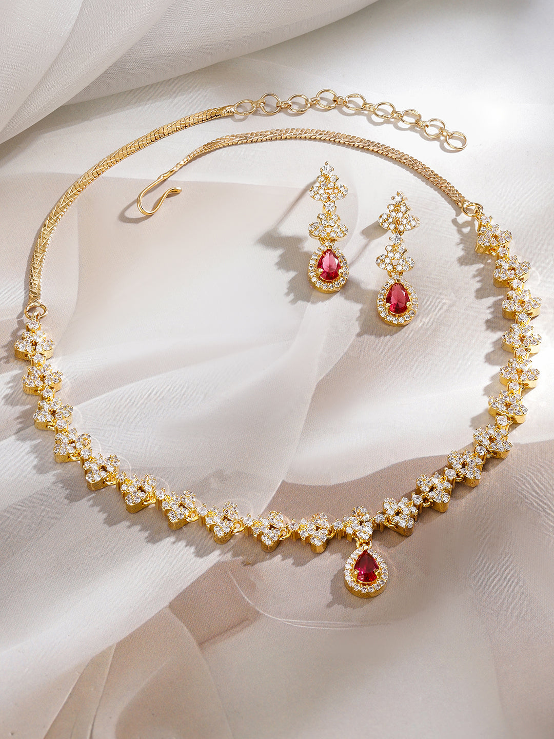 American Diamond Zircon Red Teardrop Necklace Set フリーサイズ