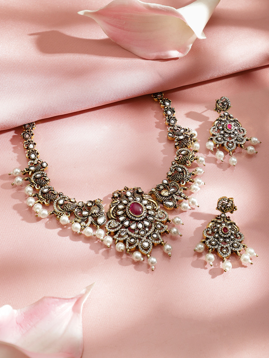Pearl Drop American Diamond Zirconia Necklace Set フリーサイズ