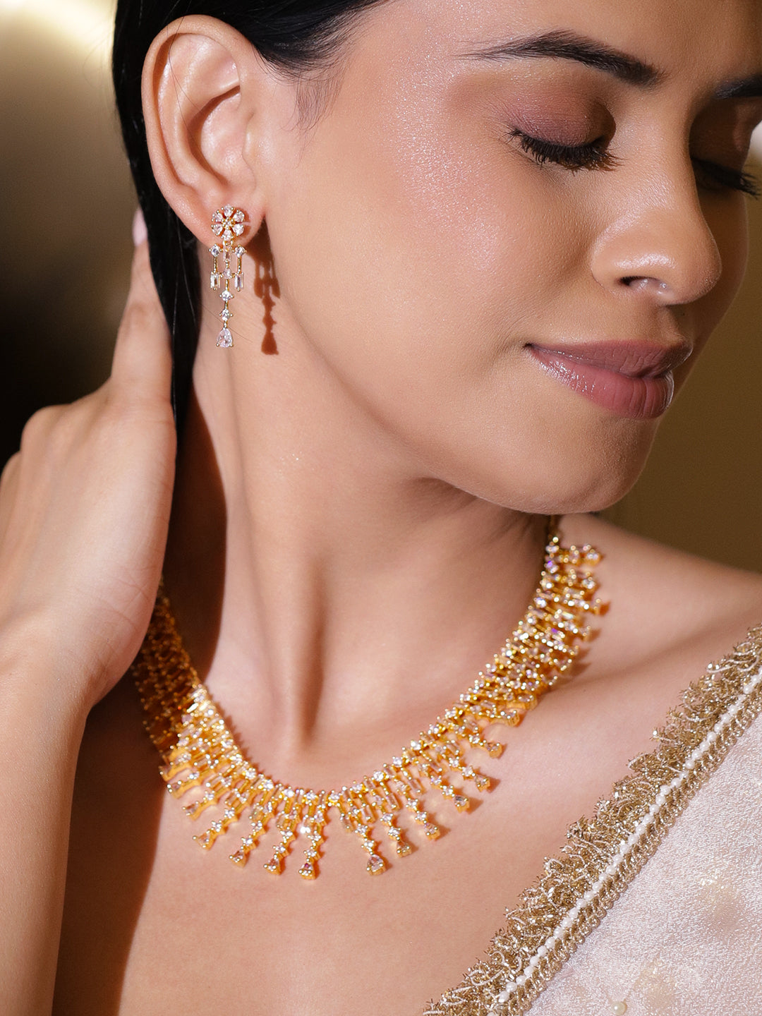 Gold Necklace Set With American Diamond Zirconia フリーサイズ