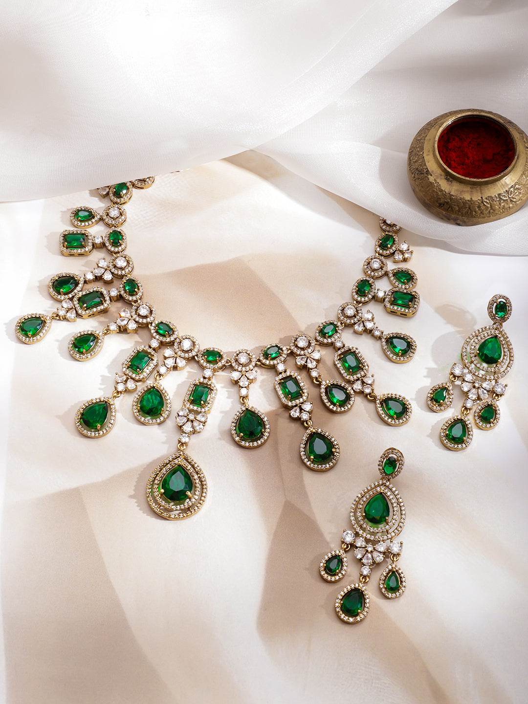 American Diamond Zirconia Emerald Necklace Set フリーサイズ