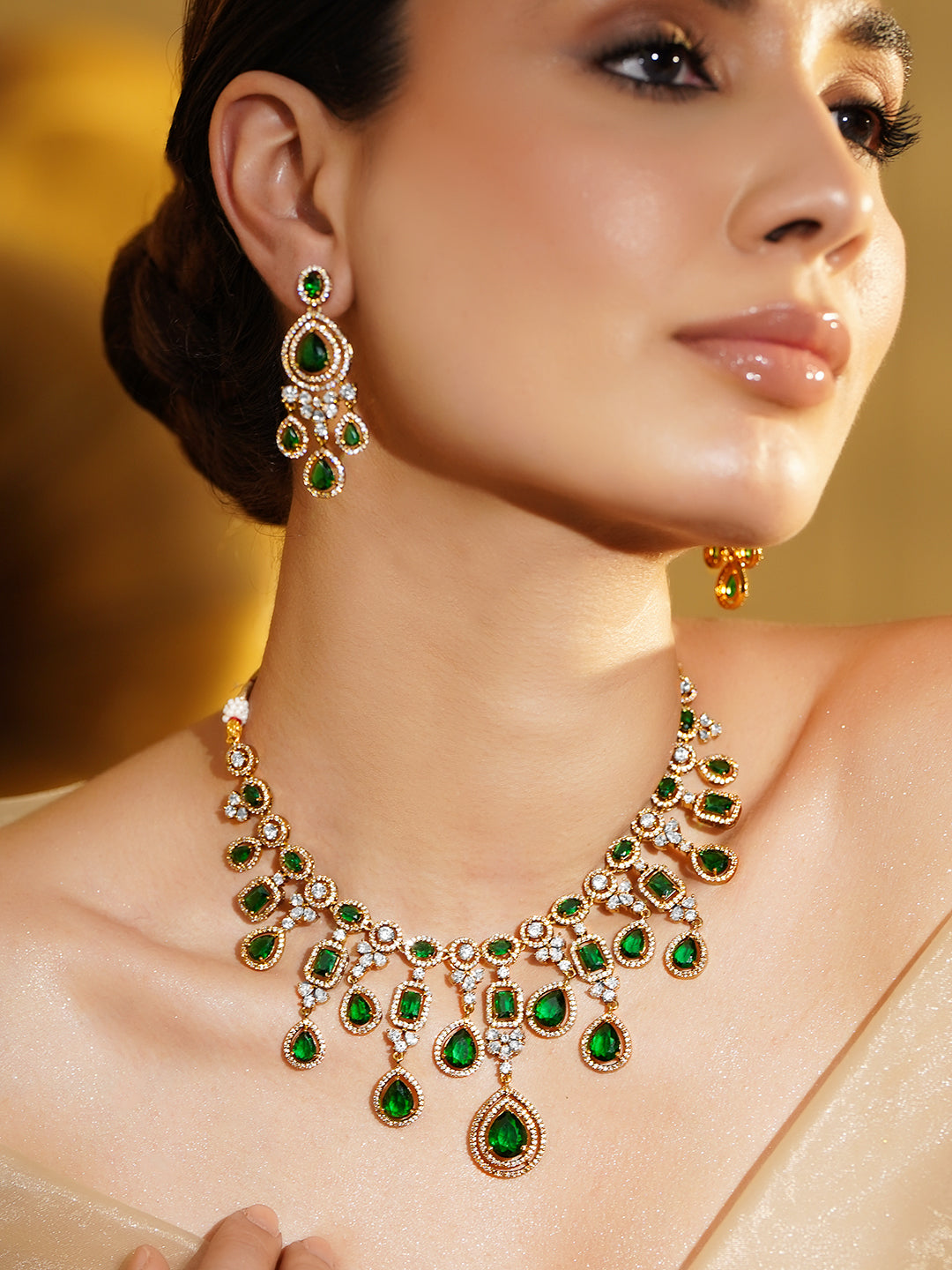 American Diamond Zirconia Emerald Necklace Set フリーサイズ