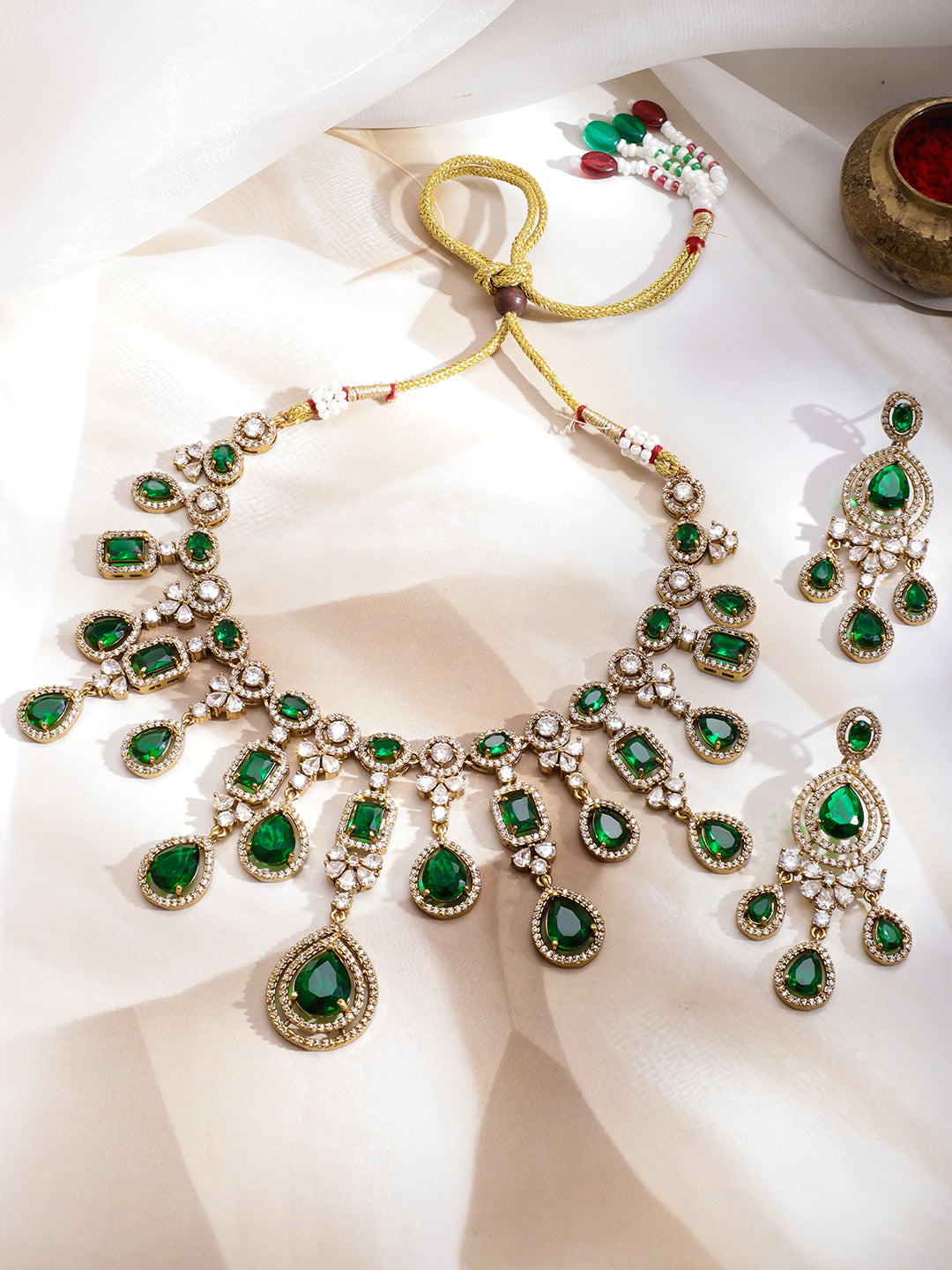 American Diamond Zirconia Emerald Necklace Set フリーサイズ