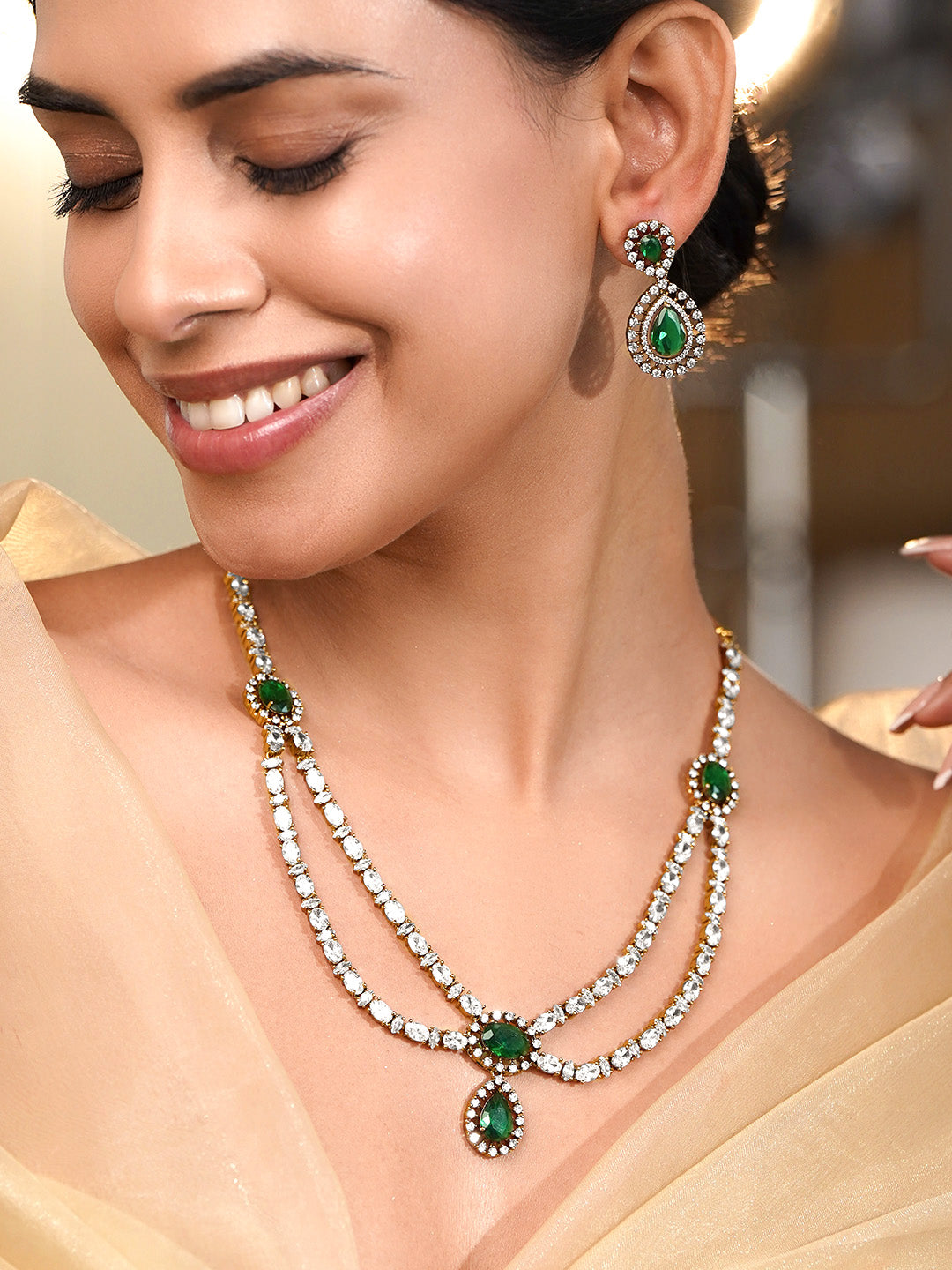 Royal Emerald Zirconia Layer Necklace Set フリーサイズ