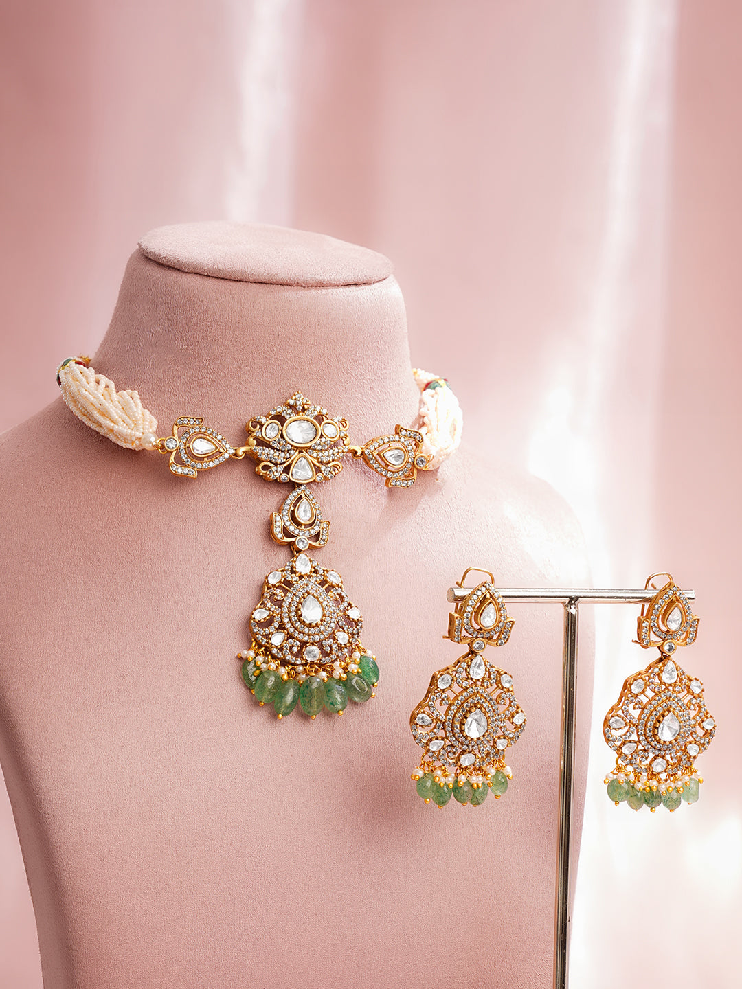 Zirconia Green Beaded Pearl Choker Set フリーサイズ