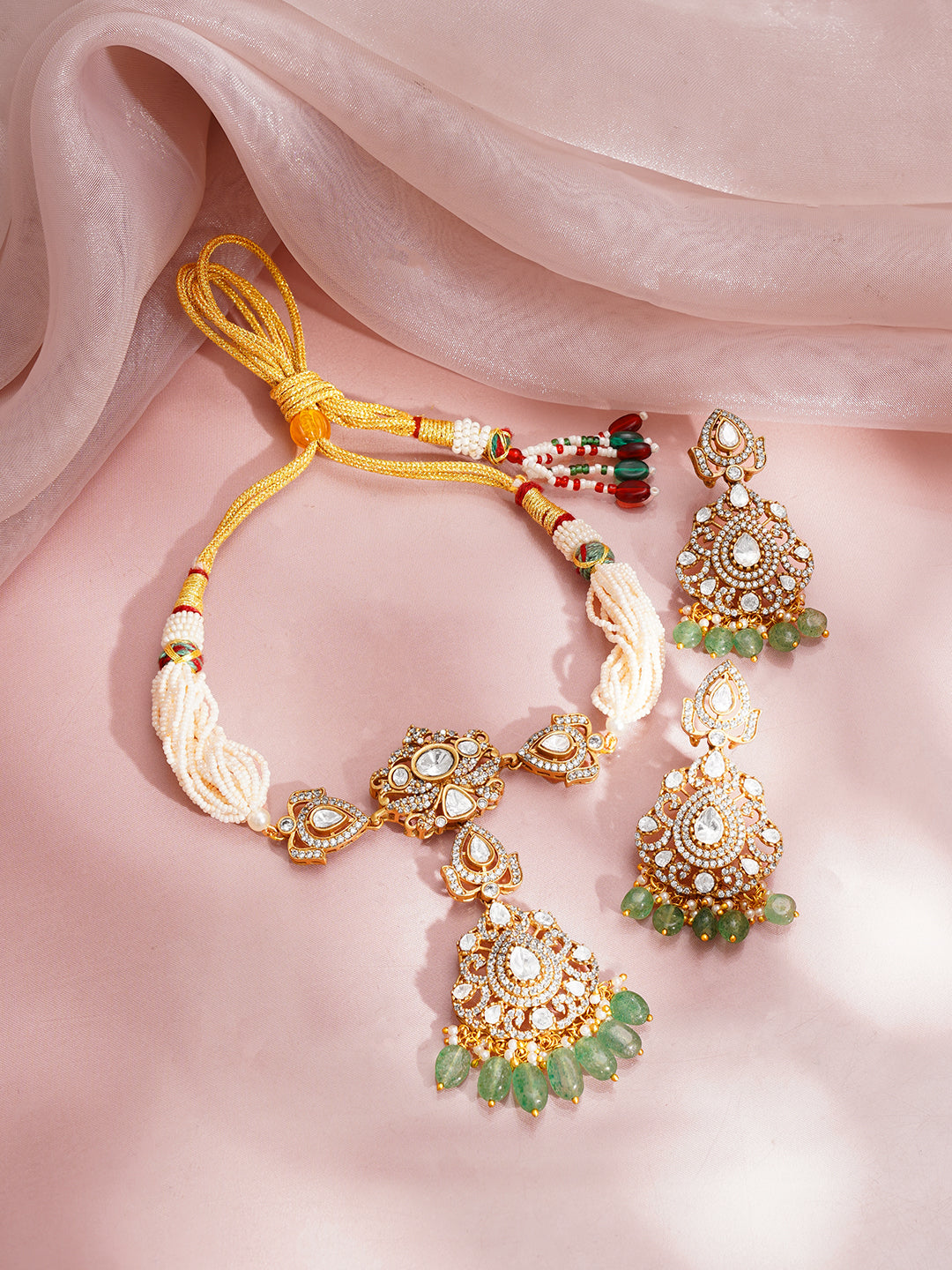 Zirconia Green Beaded Pearl Choker Set フリーサイズ