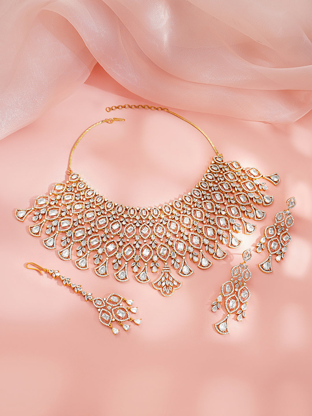 【Rubans】 Gold Plated Cubic Zirconia Teardrop Marquise Bridal Choker Necklace Set｜ゴールドメッキ キュービックジルコニア ティアドロップ＆マーキス ブライダル チョーカーセット