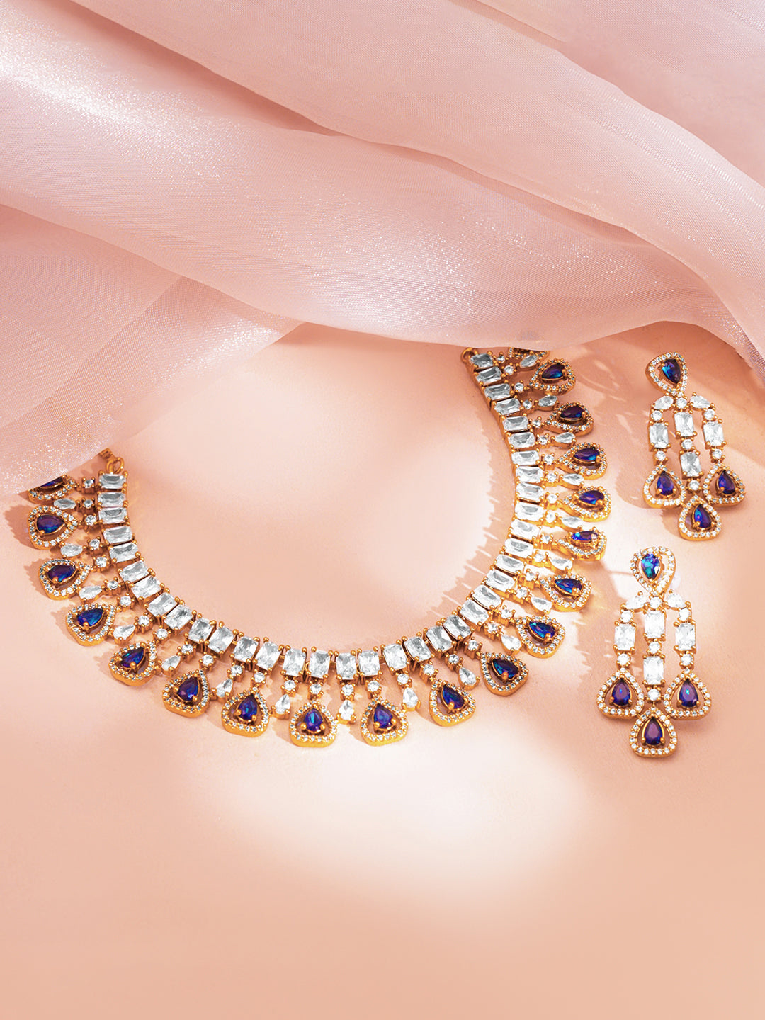 【Rubans】 Gold Plated Blue Sapphire Cubic Zirconia Statement Necklace Set｜ゴールドメッキ ブルーサファイアカラー キュービックジルコニア ステートメント ネックレスセット
