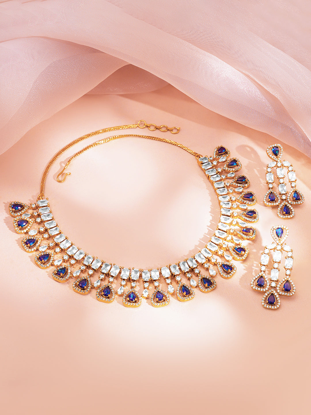 【Rubans】 Gold Plated Blue Sapphire Cubic Zirconia Statement Necklace Set｜ゴールドメッキ ブルーサファイアカラー キュービックジルコニア ステートメント ネックレスセット
