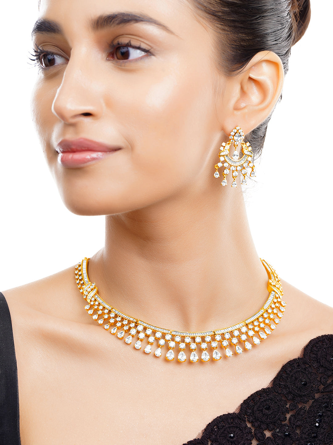 【Rubans】 Gold-Plated Cubic Zirconia Designer Choker Necklace & Earrings Set｜ゴールドメッキ キュービックジルコニア デザイナー チョーカーネックレス＆イヤリングセット