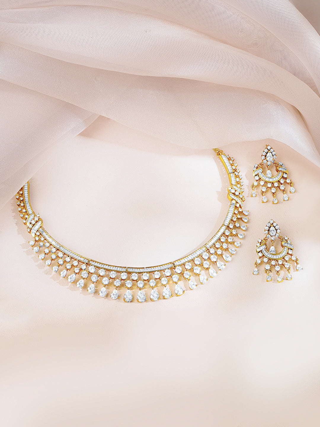 【Rubans】 Gold-Plated Cubic Zirconia Designer Choker Necklace & Earrings Set｜ゴールドメッキ キュービックジルコニア デザイナー チョーカーネックレス＆イヤリングセット